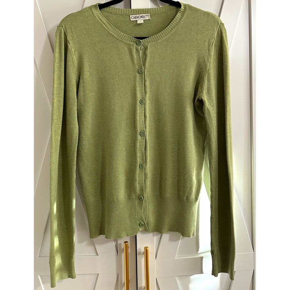 Cherokee Green Knit Button-Front Cardigan Sweater Crew Neck Long Sleeve S